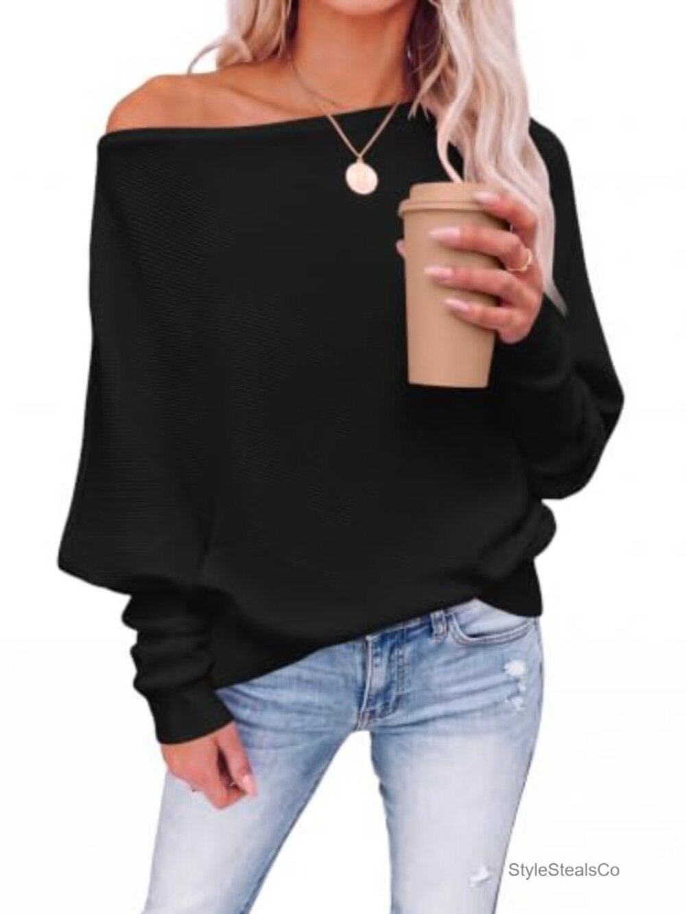 Off Shoulder Oversized Sweater Batwing Sleeve Pullover Fall